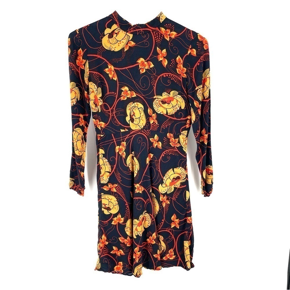 ZARA 70s High Neck Zip Long Sleeve Printed Flounce Tunic Short Stretch Dress - Picture 4 of 8